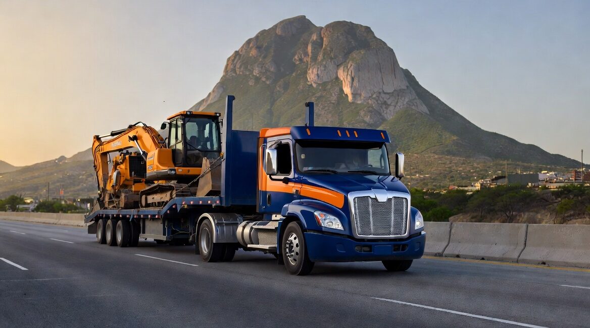 Transporte de carga en Monterrey – Camión profesional transportando maquinaria de construcción con Cerro de la Silla de fondo