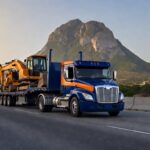 Transporte de carga en Monterrey – Camión profesional transportando maquinaria de construcción con Cerro de la Silla de fondo